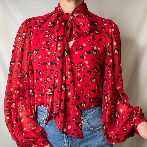Chico’s heart animal leopard print blouse‎ tie neck bow balloon sleeve red black - Picture 15 of 17